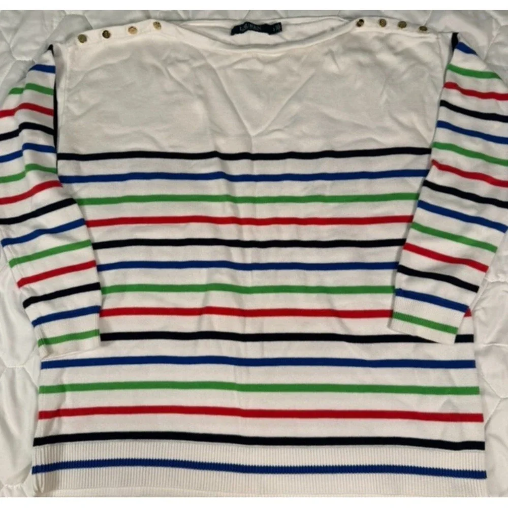 Lauren Ralph Lauren Women's Sweater Size L White Multicolor Stripe‎ Gold Button - Picture 2 of 11